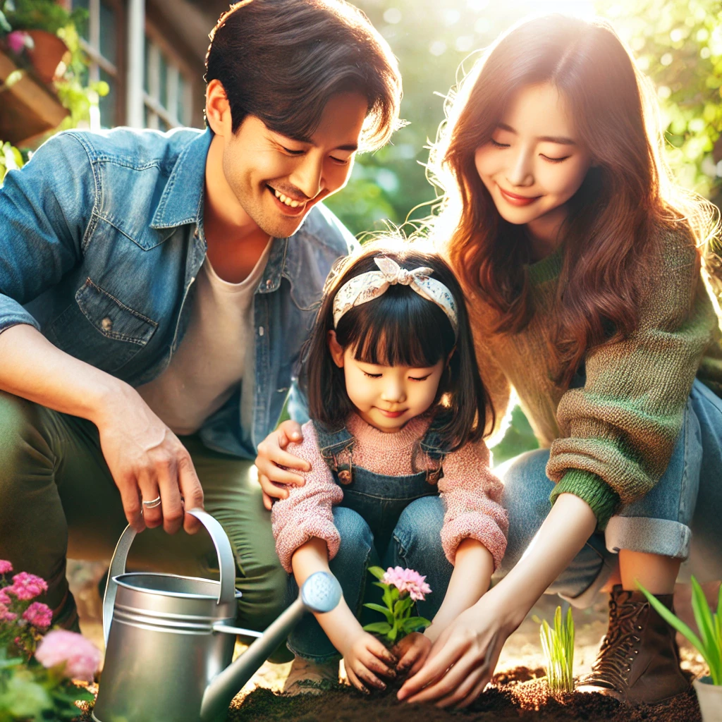 정원에서 딸과 함께 꽃을 심으며 희망과 꿈을 키우는 모습, 꽃 심기를 도와주는 어머니와 물을 주는 아버지, 자연의 생동감과 따뜻한 햇살 속에서 성장과 가능성을 상징하는 장면.