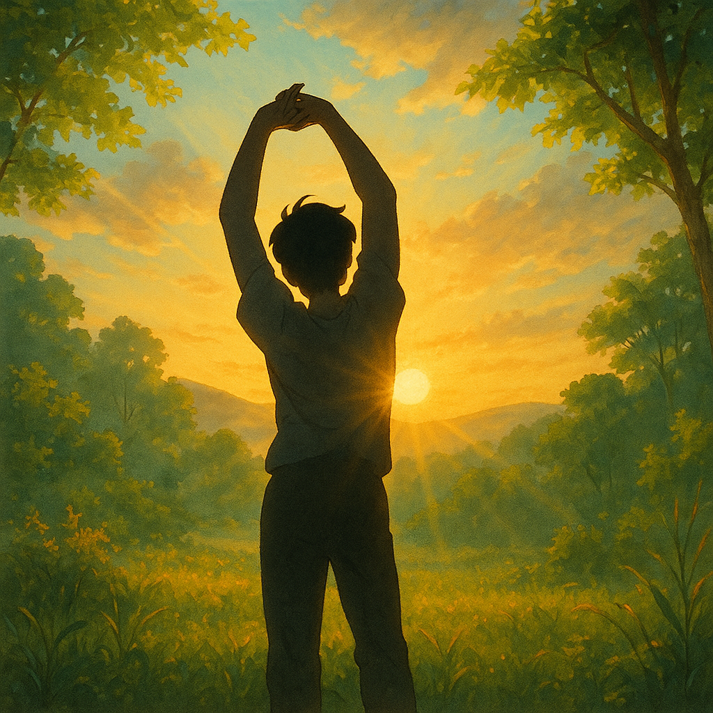 &ldquo;자연 속에서 회복 루틴을 실천하며 스트레칭하는 사람의 실루엣&rdquo;