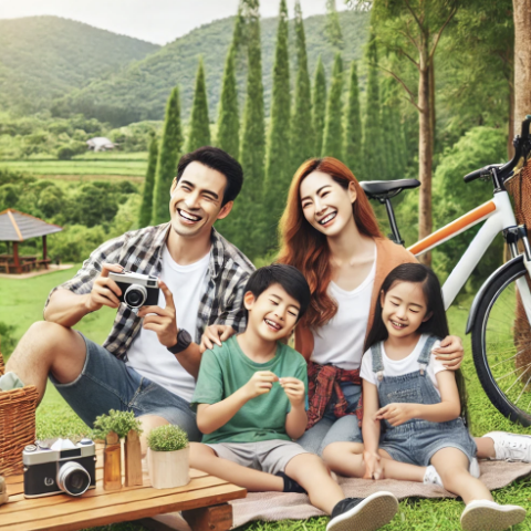 자전거를 가지고 가족과 함께 놀러 간 가족사진