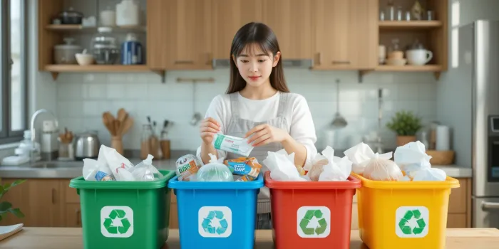 주방에서 폐기물을 분리수거하는 장면