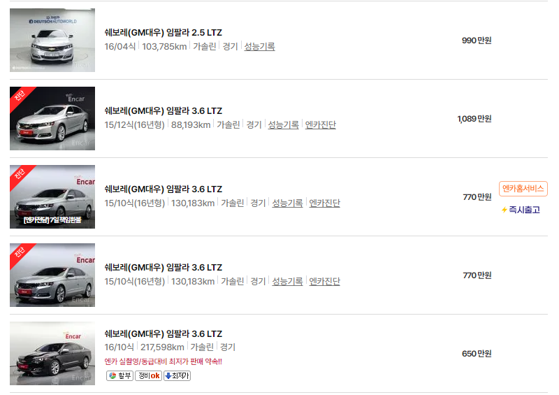 쉐보레 임팔라 중고차 가격 시세표 24년10월