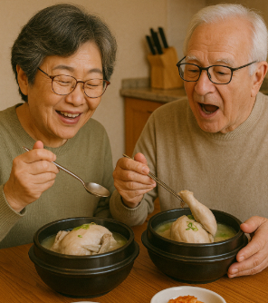 삼계탕을 맛있게 먹는 노인 부부의 모습