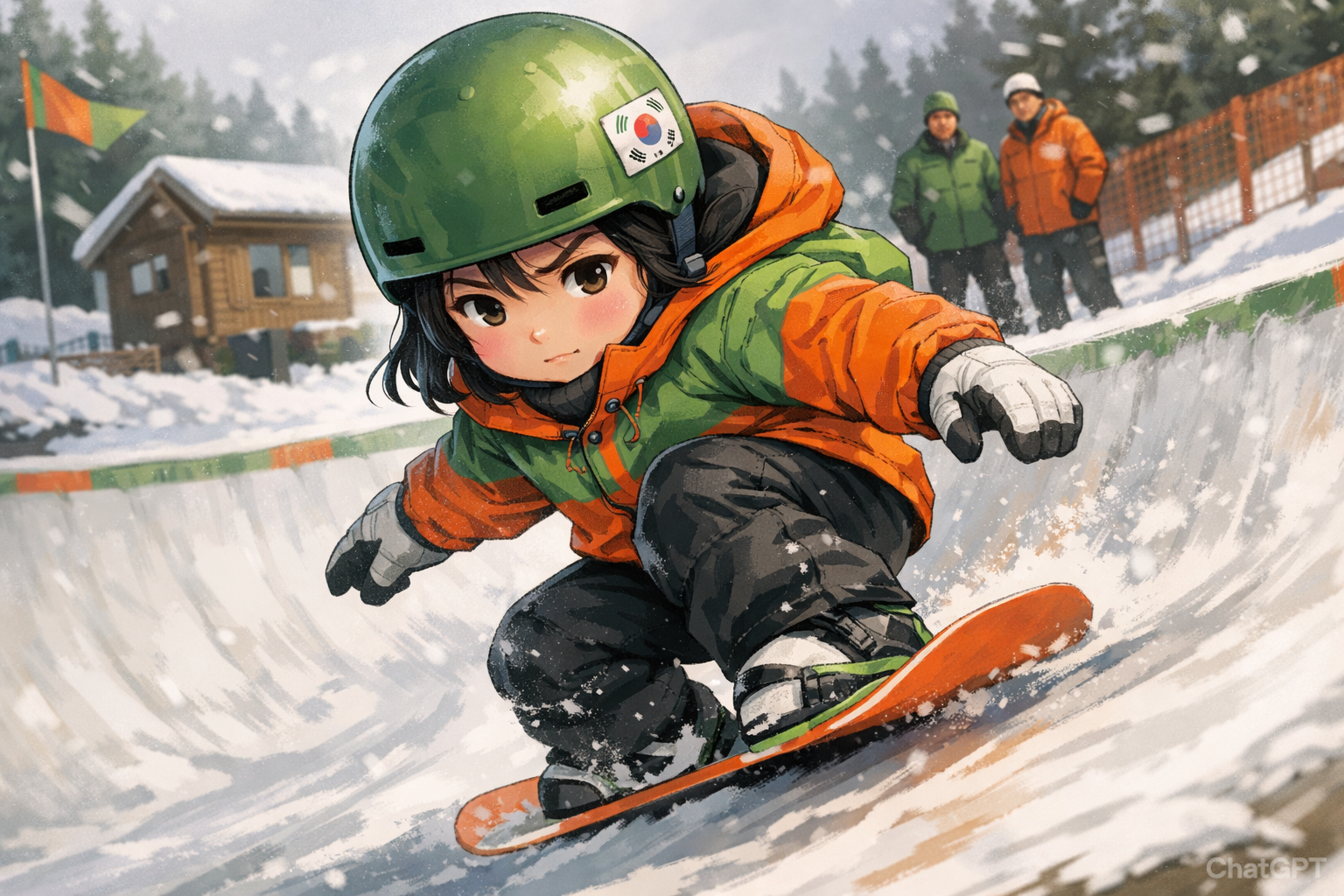 어린 시절부터 스노보드 하프파이프에서 훈련하며 재능을 키우는 최가온 선수의 모습.