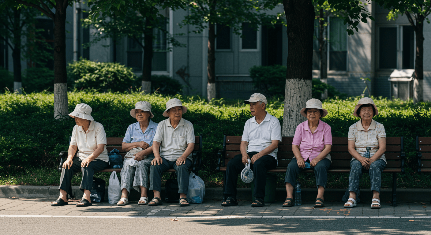 폭염 속 도심의 나무 그늘 아래 벤치에 앉아 쉬고 있는 한국인 노인들