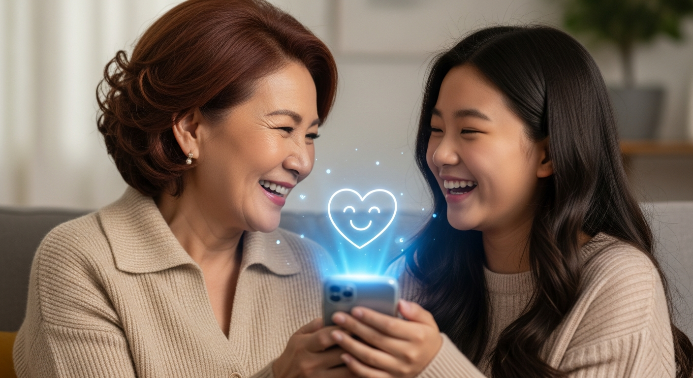 MBTI라는 공통 관심사를 주제로 스마트폰을 보며 즐겁게 대화 나누는 할아버지, 할머니와 손자녀의 화목한 가족 모임
