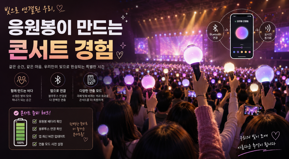 K-팝 응원봉이 콘서트 현장에서 팬덤 소속감과 공연 경험을 만드는 모습을 표현한 이미지