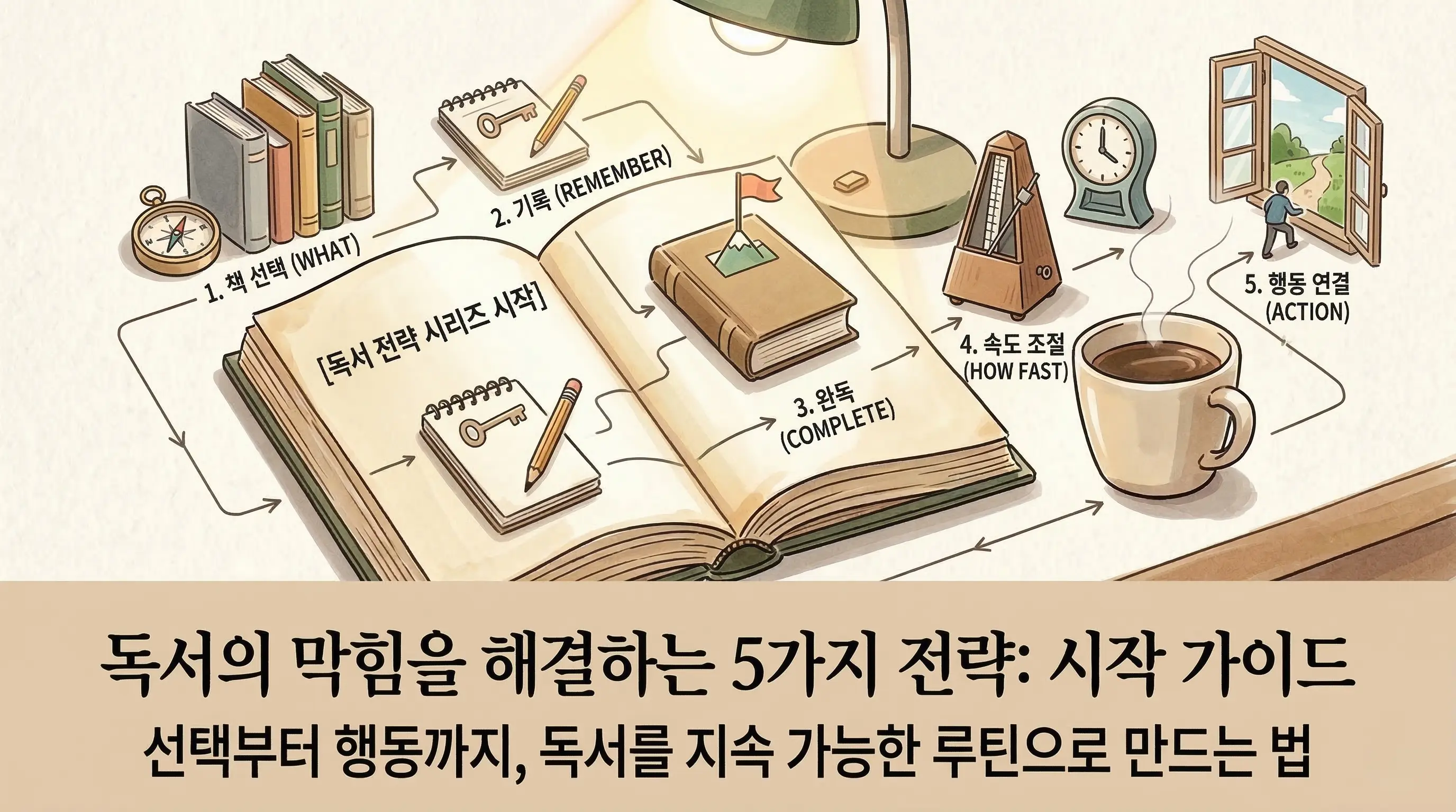 독서 막힘을 해결하는 5가지 전략을 설명하는 독서 전략 시리즈 가이드 이미지