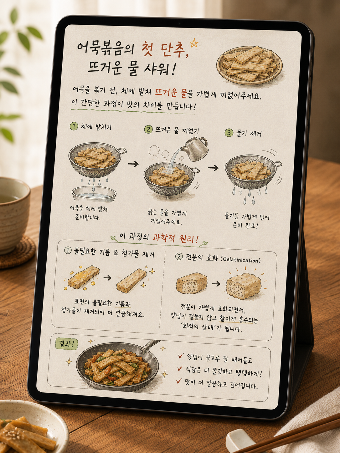 아이패드 프로크리에이트 앱 화면을 담은 일러스트. 어묵볶음 요리 전, 체에 밭친 어묵에 뜨거운 물을 끼얹어 기름기를 제거하는 '어묵 샤워' 과정을 단계별로 도식화했다. 첫 번째로 어묵을 체에 밭치고, 두 번째로 끓는 물을 가볍게 끼얹은 뒤, 세 번째로 물기를 털어내는 과정을 보여준다. 이 과정의 과학적 원리로, 표면의 불필요한 기름과 첨가물이 제거되어 맛이 깔끔해지며, 어묵 속 전분이 가볍게 호화(Gelatinization)되어 양념이 겉돌지 않고 찰지게 흡수되는 최적의 상태가 됨을 설명한다. 최종적으로 양념이 골고루 배고 식감이 더 쫄깃해지는 조리 팁을 강조한 교육용 일러스트이다.