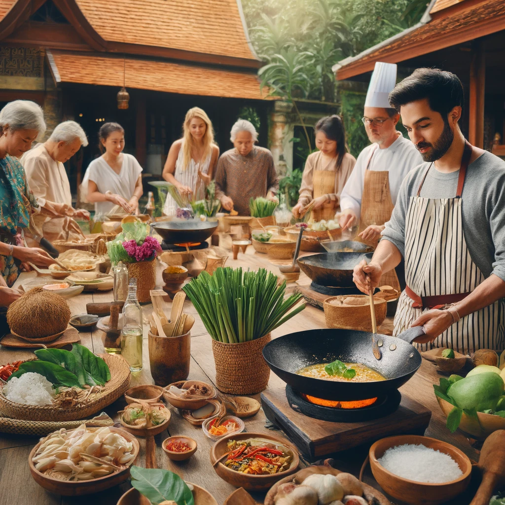 쿠킹 클래스에서 태국 전통 요리를 배우는 모습