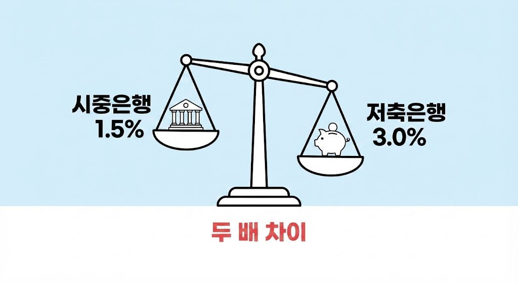 시중은행 1.5%와 저축은행 3.0% 적금금리 두 배 차이 비교 정보그래픽