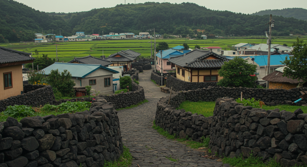 제주 돌담길과 전통 가옥이 어우러진 조용한 로컬 마을 풍경