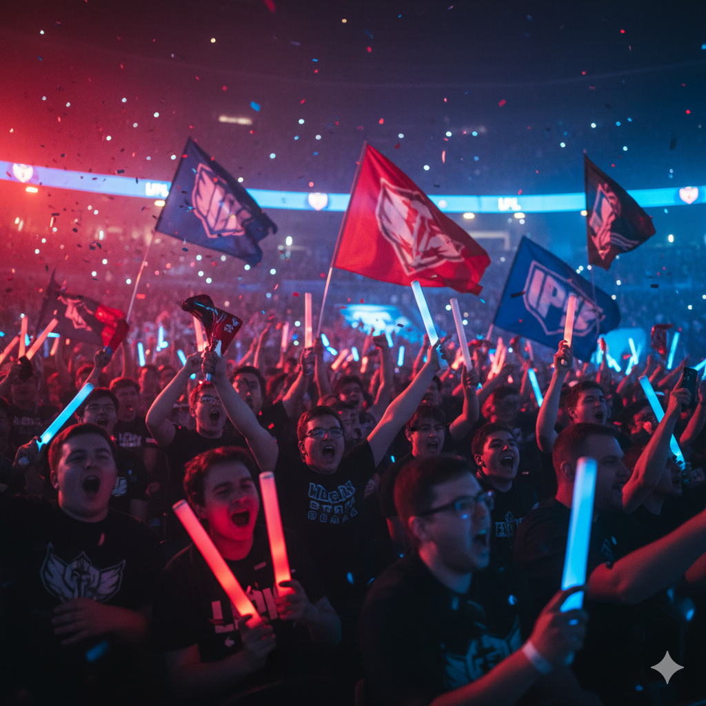 Excited League of Legends fans cheering with team lightsticks and flags, red and blue lighting, LCK and LPL banners waving, dramatic stadium lighting and energy, vivid esports crowd photo