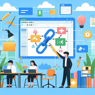 컴퓨터 앞에서 즐겁게 일하는 여성과 자료들