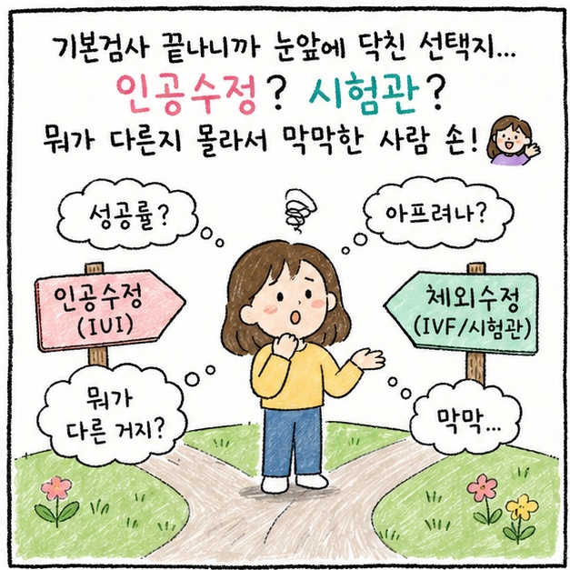 기본검사 끝나니까 눈앞에 닥친 선택지... 인공수정? 시험관? 뭐가 다른지 몰라서 막막한 사람 손
