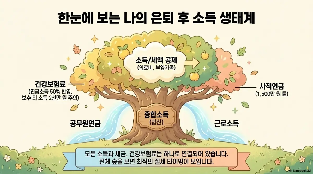 공무원연금 종합소득세: 은퇴 후 소득 생태계를 커다란 나무로 시각화한 이미지. 나무 줄기에는 공무원연금과 근로소득이 합산된 종합소득이 있고 가지에는 소득 및 세액 공제와 사적연금 1500만 원 룰 그리고 건강보험료가 연결되어 있으며 모든 소득과 세금과 건강보험료는 하나로 연결되어 있으니 전체 숲을 보면 최적의 절세 타이밍이 보인다는 메시지를 전달함