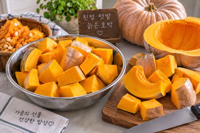 선명한 노란 빛 속살에 베타카로틴과 식이 섬유가 풍부하게 담긴 늙은 호박의 단면