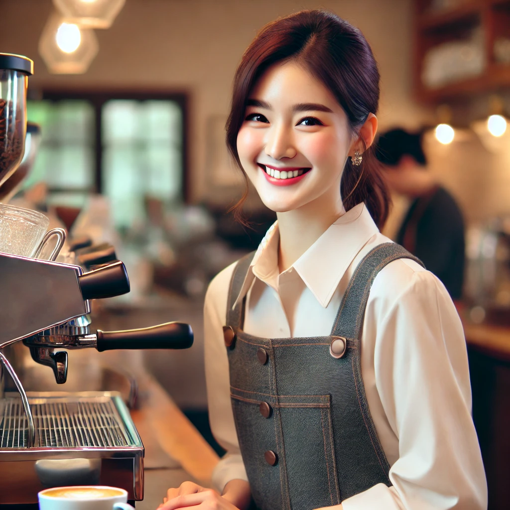 카페에서 일하는 대학생이 웃는다.