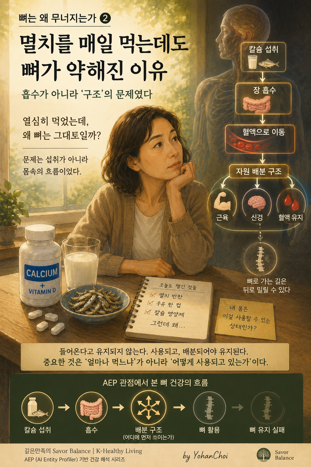 Woman reviewing a bone density report while taking calcium supplements, illustrating how calcium absorption and body resource allocation affect bone health.