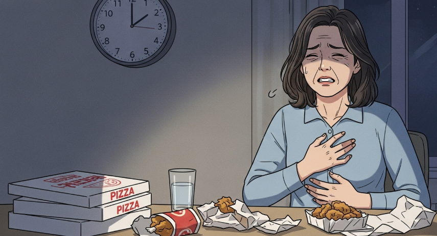 잘못된 식습관의 결과 역류성 식도염으로 아파하는 여성 사진