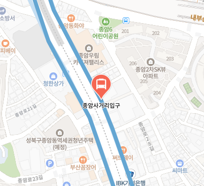 종암사거리입구에서 인천공항 리무진 공항버스(6102번) 지도 위치