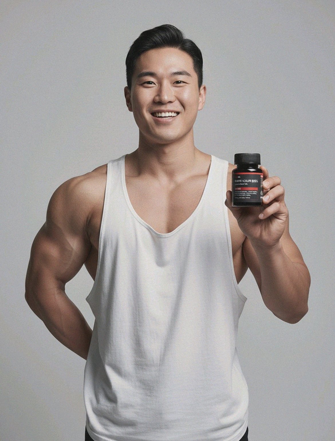 Korean Asian man holding enervia tablet showing size