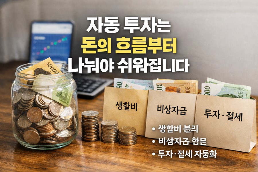 2026 자동 투자 시스템을 위해 생활비, 비상자금, 투자금, 절세 자금을 자동으로 분리하는 구조를 설명하는 이미지