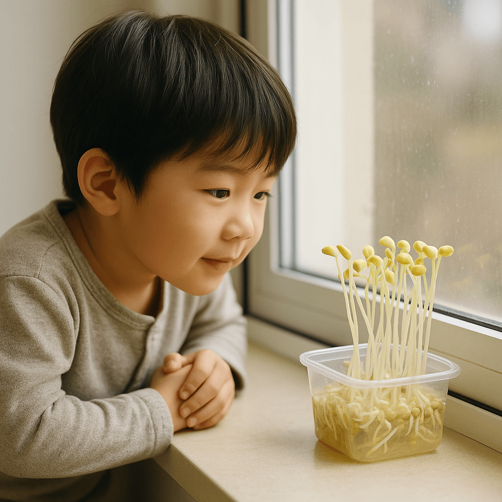 투명 용기 속 콩나물을 관찰하는 아이