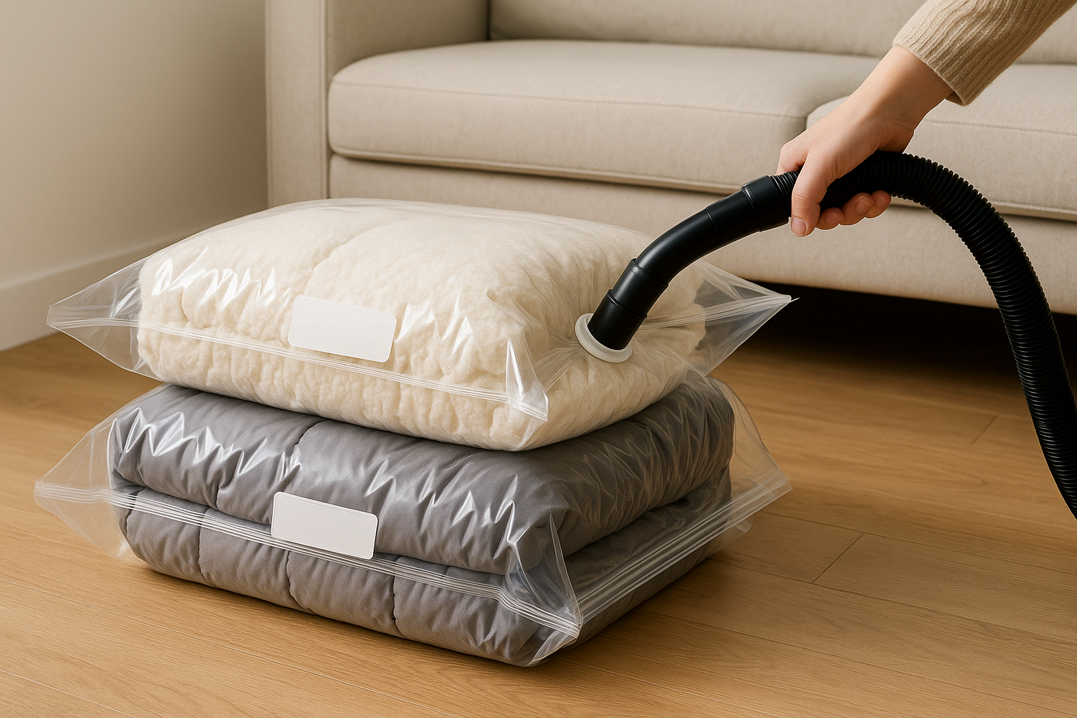 겨울 이불과 옷을 압축팩으로 보관하는 모습