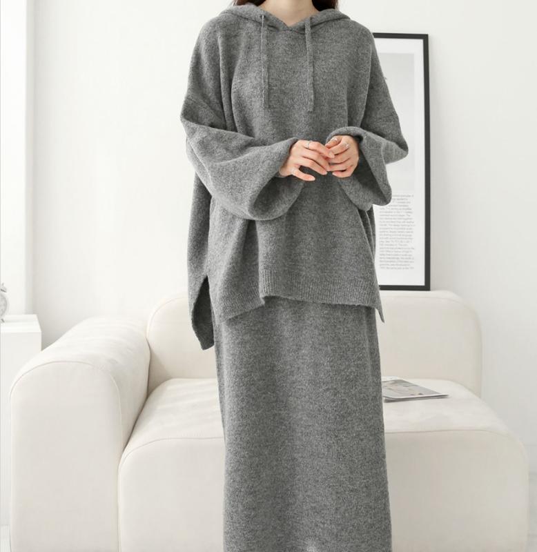 겨울 후드 니트 스커트 투피스 세트