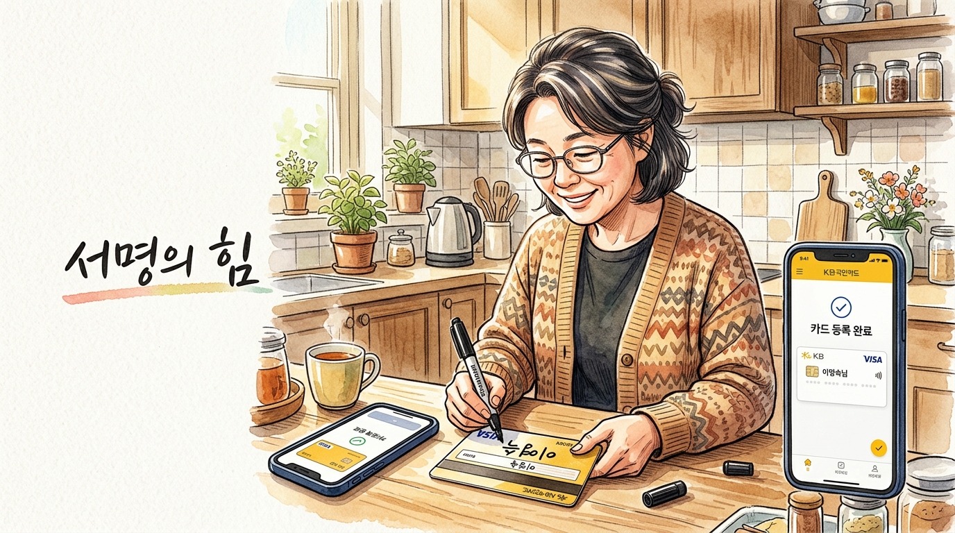 신용카드 분실 사고 발생 시 카드 뒷면의 서명하여 내 자산 지키기를 실천하고 있는 중년여성의 모습.