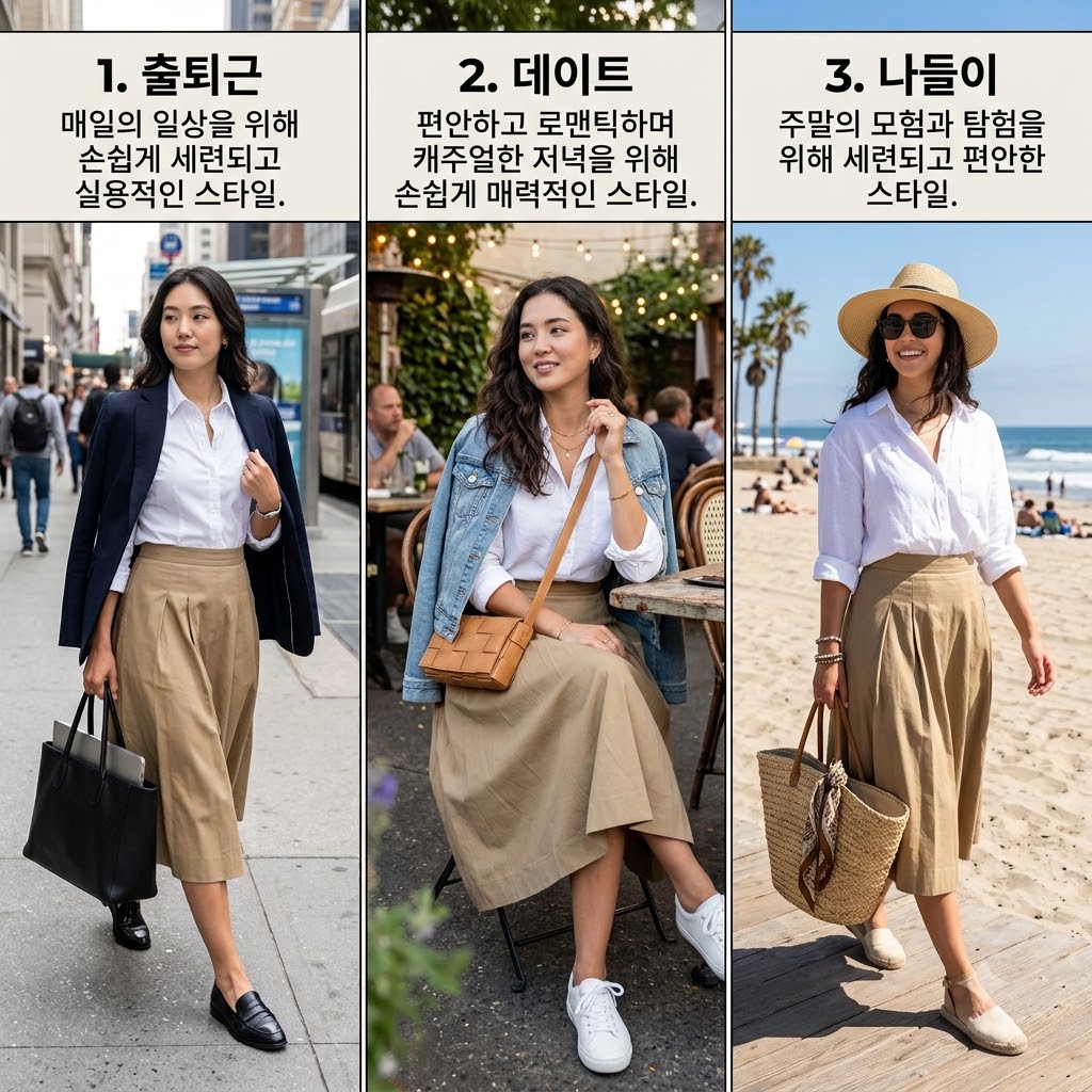 출근룩, 데이트룩, 나들이룩 세 가지 상황별 카키 코디를 나란히 보여주는 이미지
내용: 상황 따라 달라지는 카키 코디 3가지
액세서리만 바꿔도 완전히 다른 룩이에요