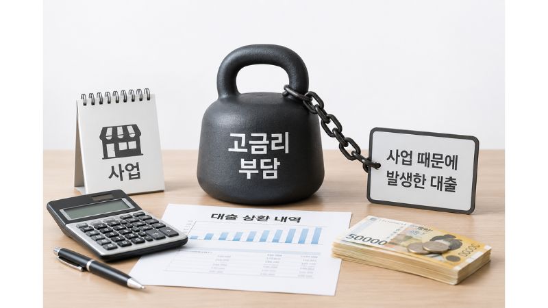 사업 때문에 발생한 고금리 대출 부담을 서류와 계산기, 무게 오브젝트로 표현한 이미지
