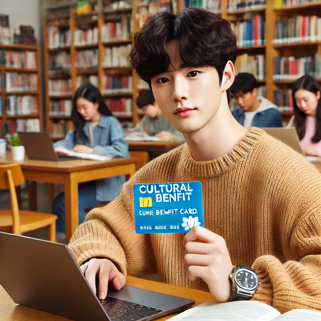 도서관에서 노트북을 사용하며 문화누리카드를 들고 있는 한국 청소년 남학생.