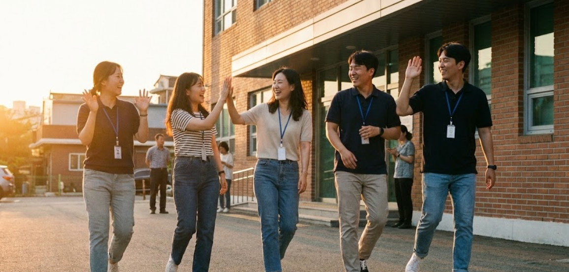 웃으며 퇴근하는 사회복지사들의 모습