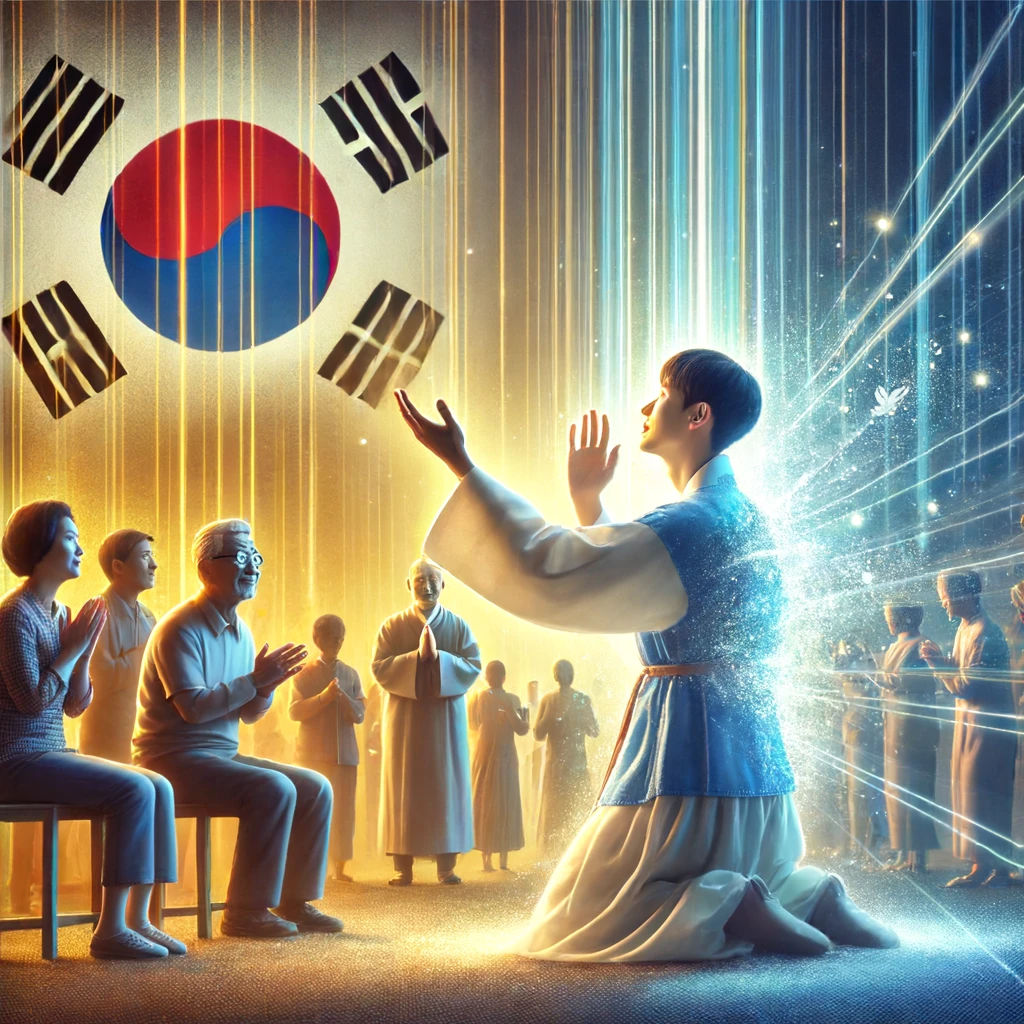 Here is the illustration of a Korean individual reaching out to others, relying solely on the manifestation and power of the Holy Spirit. The serene and uplifting atmosphere emphasizes faith and divine guidance.