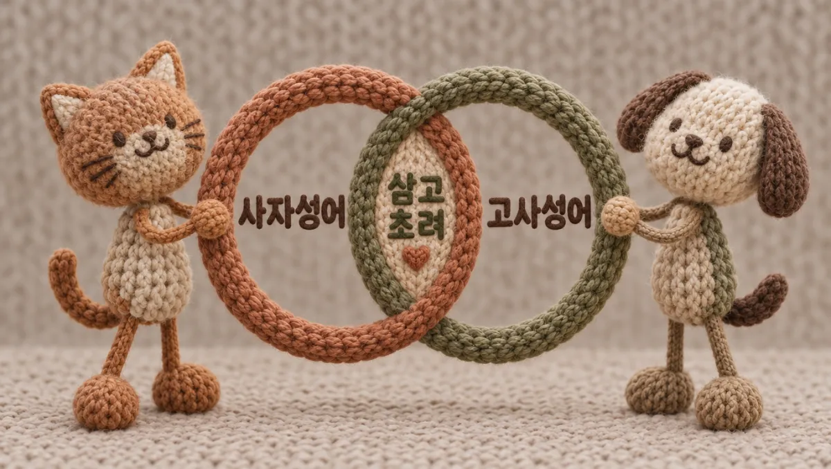 사자성어와 고사성어의 교집합 관계를 표현한 니트 벤다이어그램 일러스트