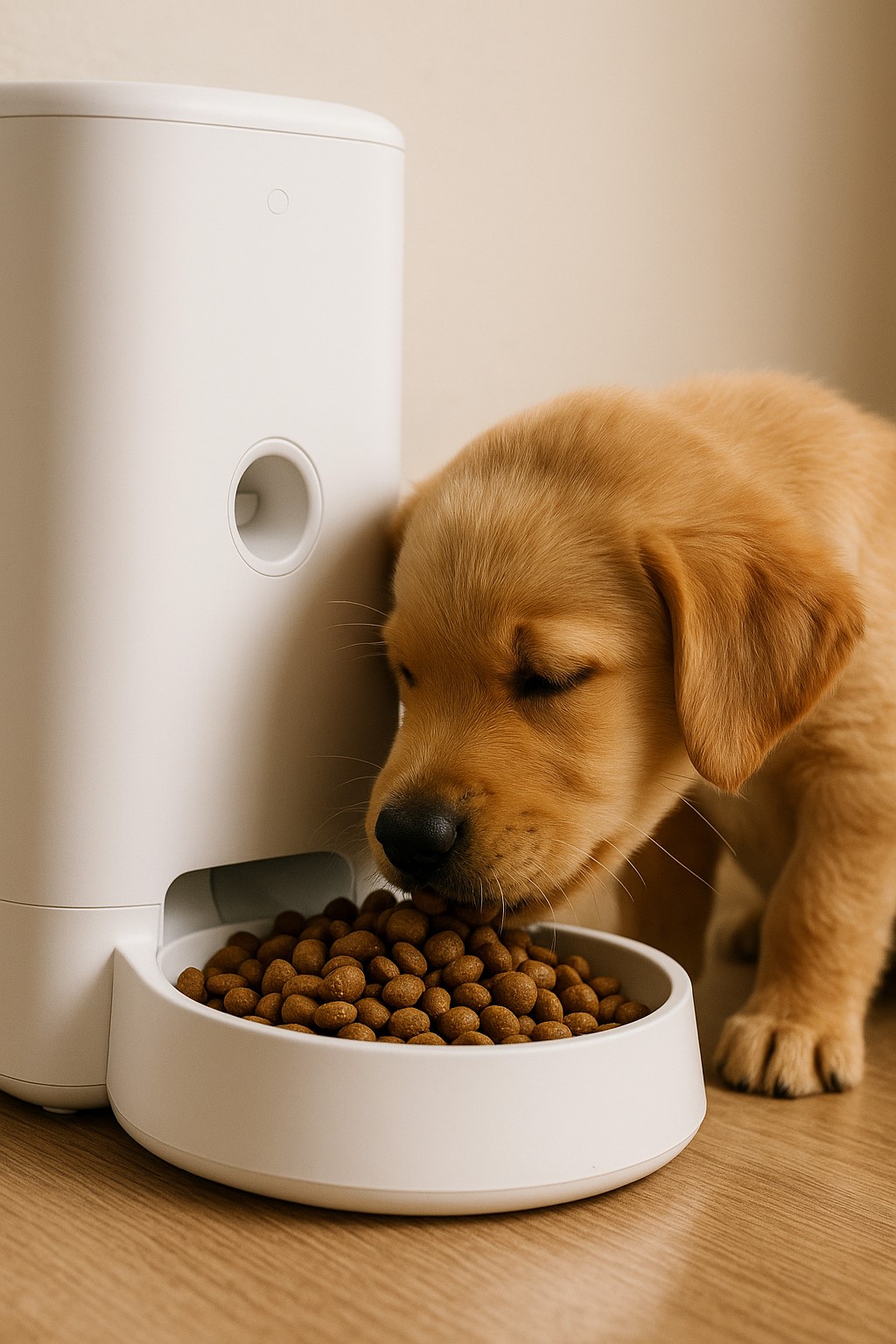강아지가 자동급식기에서 나온 사료 먹는 모습