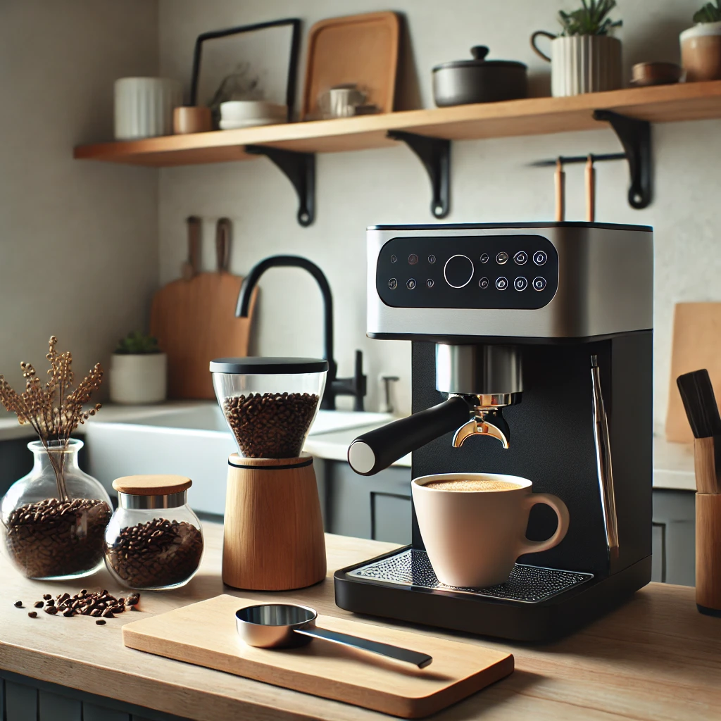 2024년 홈카페를 완성하기 위한 커피 머신과 커피 컵이 있는 주방 테이블
