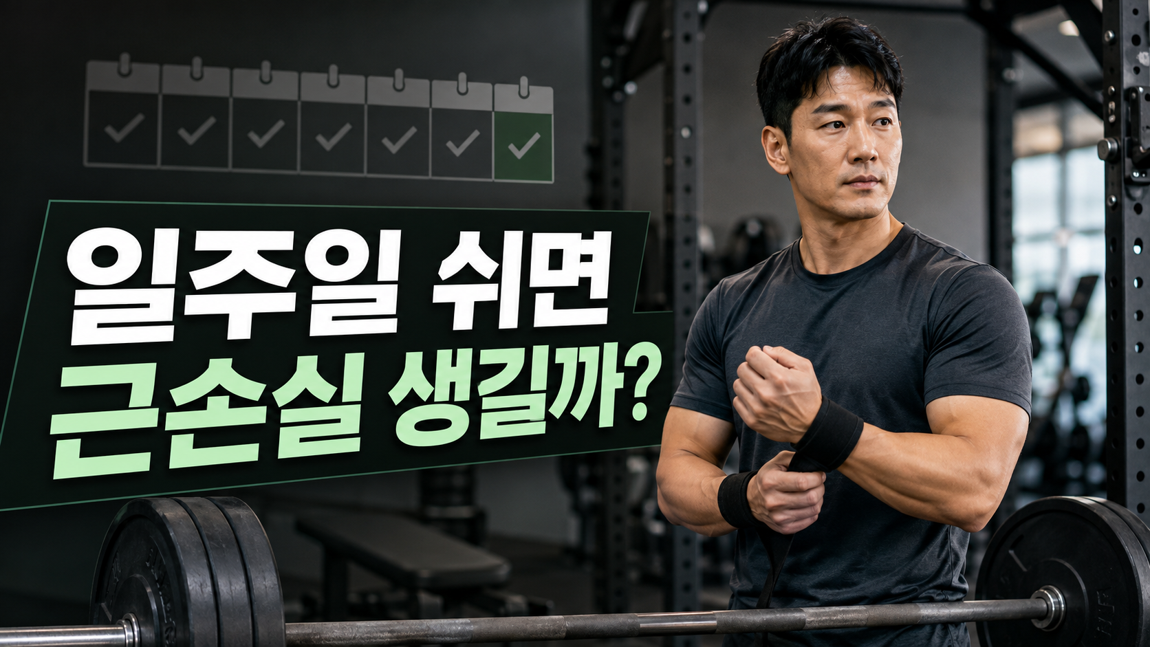 7일 달력과 바벨이 놓인 헬스장에서 손목 스트랩을 착용한 남성과 일주일 쉬면 근손실 생길까 문구가 보이는 썸네일