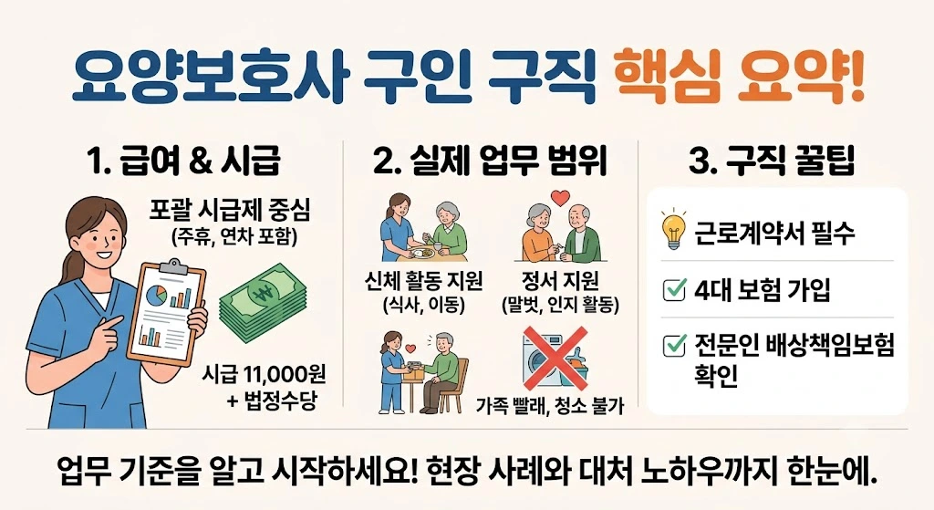 요양보호사 구인 구직 핵심 요약 인포그래픽: 급여 및 시급 조건, 신체활동 지원 등 실제 업무 범위, 근로계약서 및 4대 보험 등 구직 꿀팁 안내 이미지