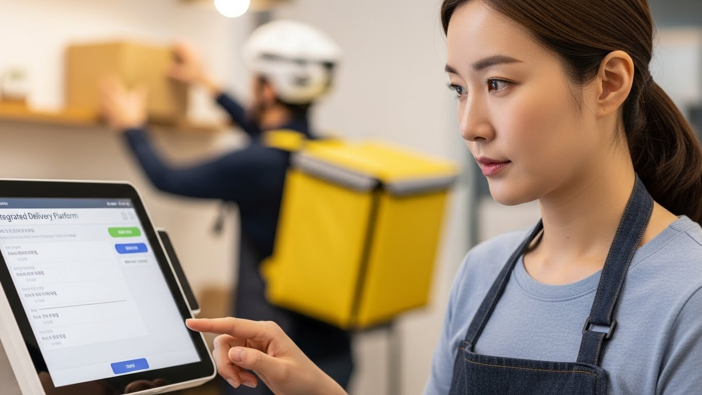 배달 플랫폼과 연동된 디지털 POS 시스템을 활용해 매장을 효율적으로 운영하는 모습