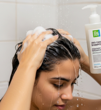 비듬을 제거하기 위해 샴푸하고 있는 여인의 모습