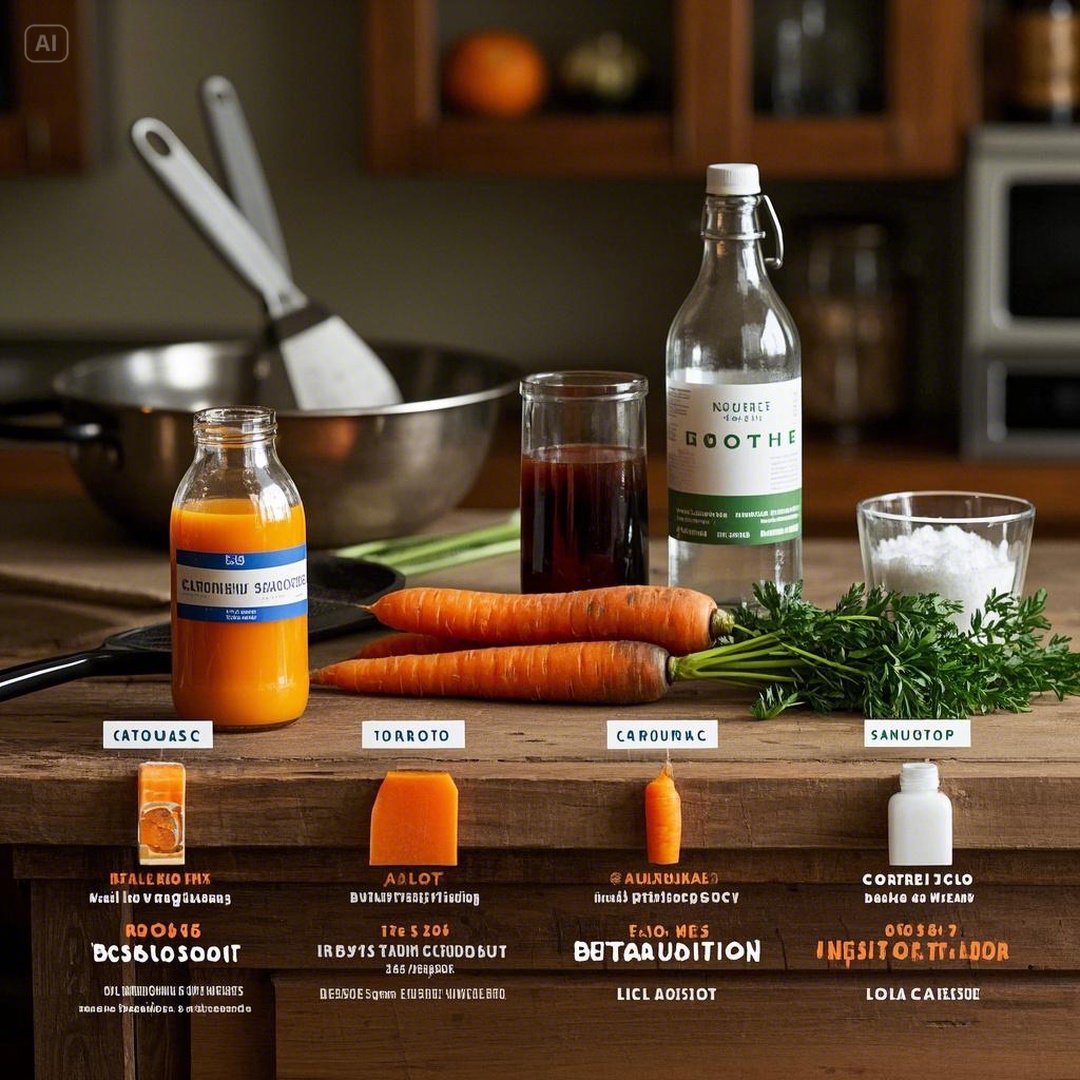 다양한 형태의 당근(생당근, 볶은 당근, 당근 주스)과 세척 도구들(베이킹소다, 식초, 소금)이 나란히 놓여있는 모습. 각 항목 아래에는 베타카로틴 흡수율과 농약 제거율이 간단히 표기되어 있다