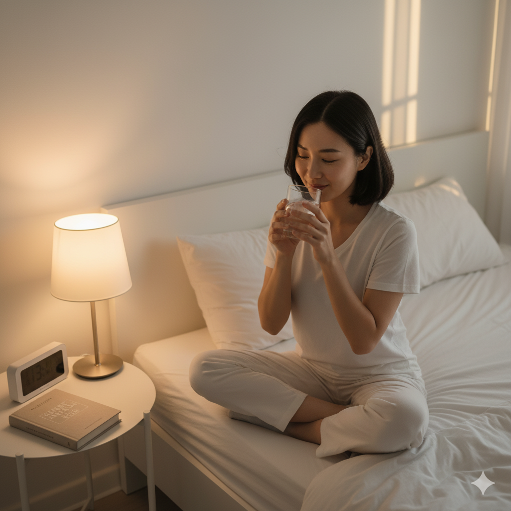 고요한 새벽, 침대 옆 스탠드 조명 아래에서 물 한 잔을 마시며 하루를 시작하는 지적이고 아름다운 미모의 20대 여성 모델의 차분한 모습.