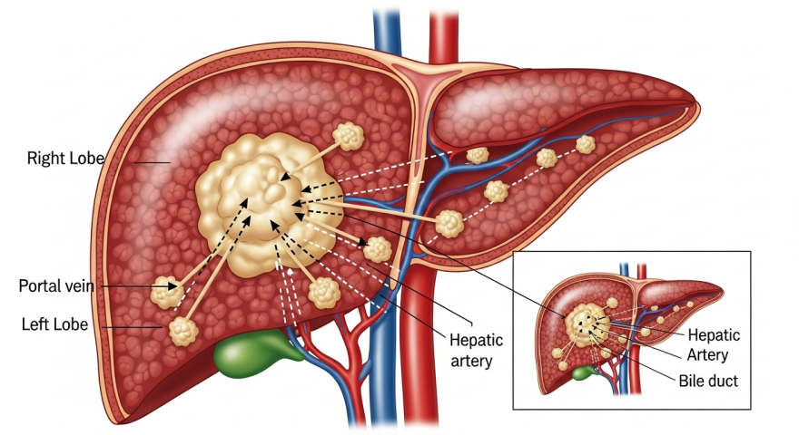 간의 위치와 암이 퍼지는 경로를 설명하는 일러스트