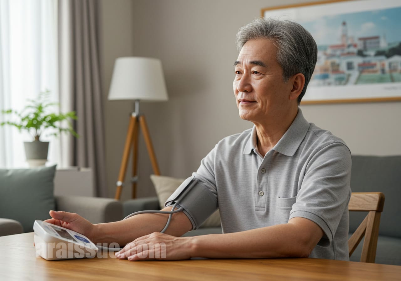 혈당 체크를 하는 차분한 표정의 할아버지