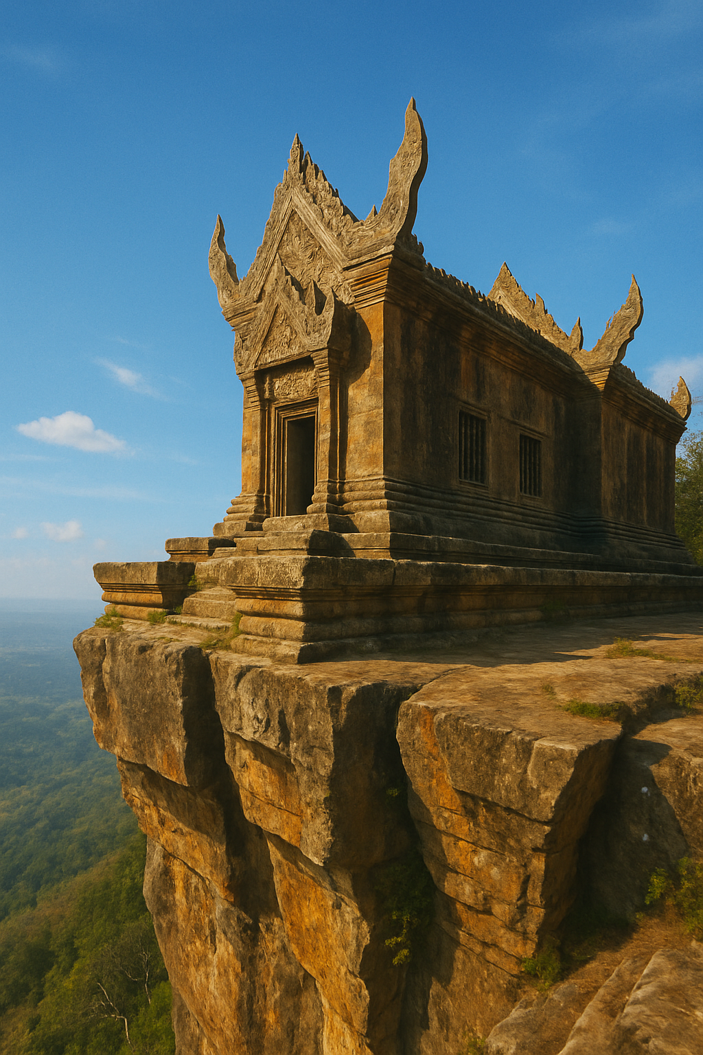 절벽 위에 아슬아슬하게 서 있는 웅장한 프레아 비히어 사원의 전경