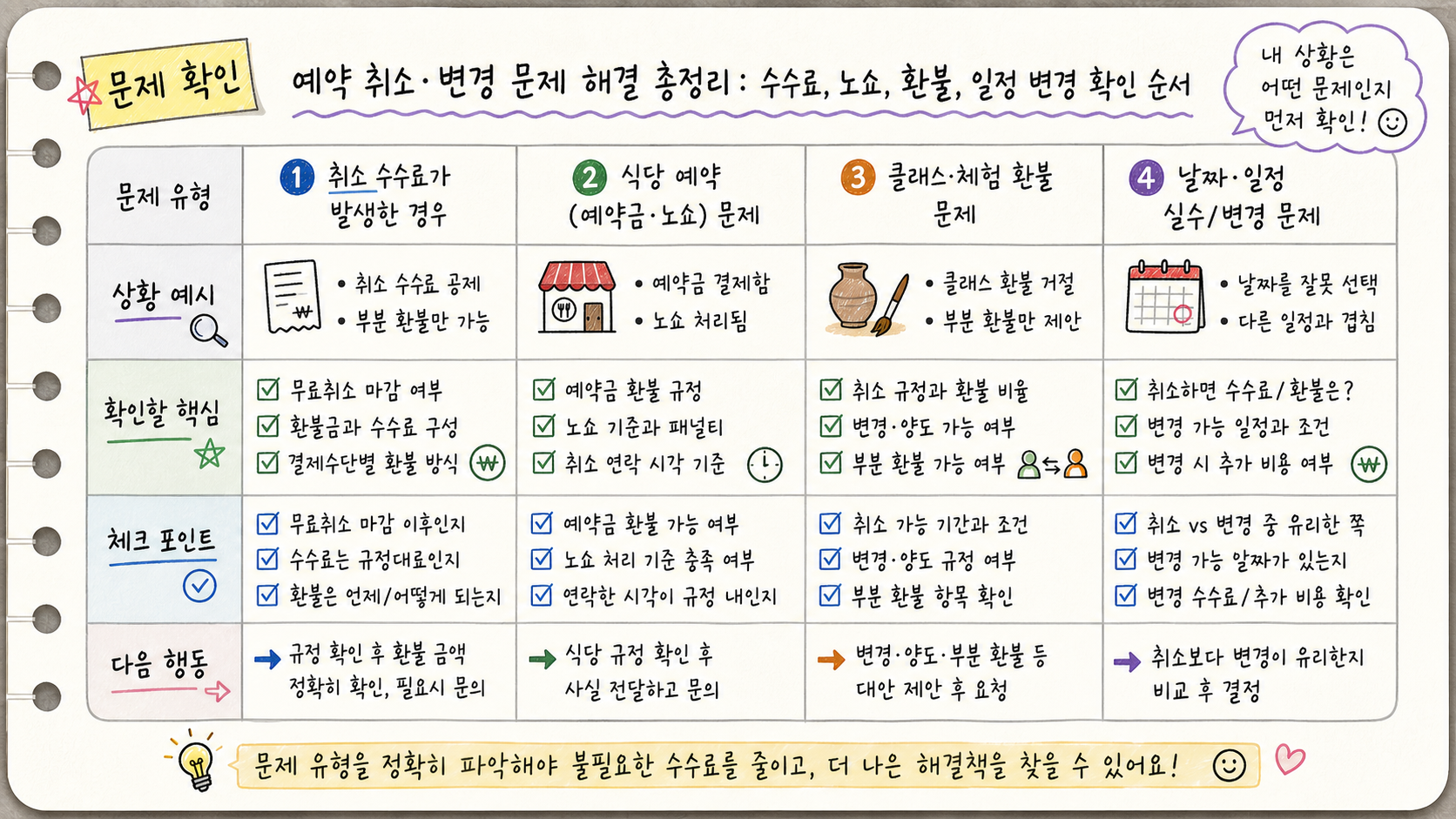예약 문제 상황별로 먼저 확인할 항목을 고르는 가로형 손글씨 카드