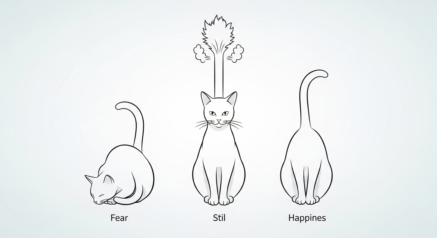 고양이의 꼬리 자세에 따른 감정 표현(행복, 두려움, 화남)을 묘사한 그림.