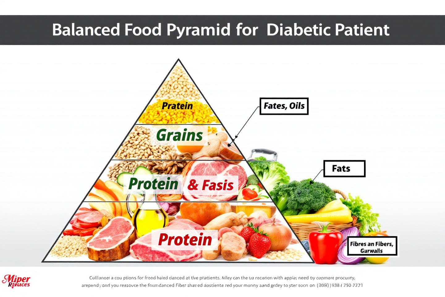 탄수화물, 단백질, 지방, 식이섬유가 균형 잡힌 당뇨 환자의 식단 피라미드"